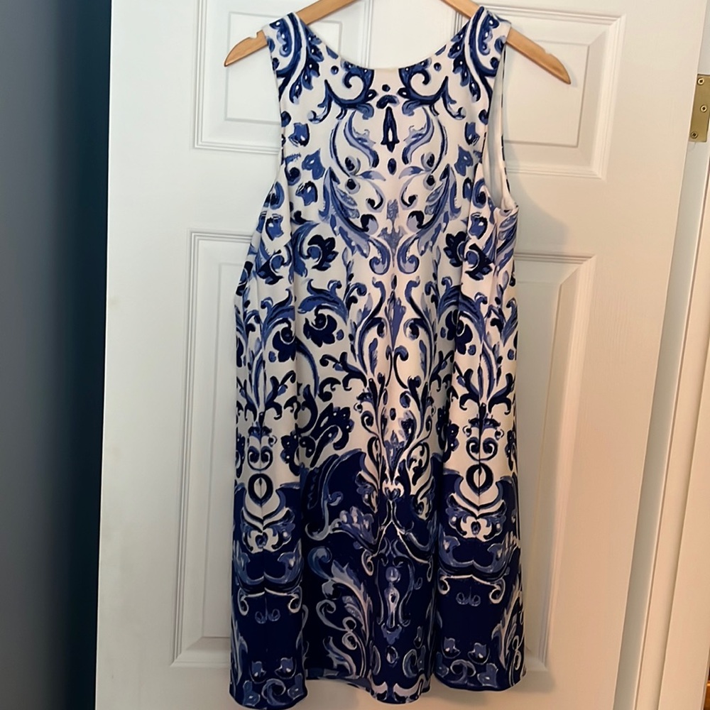 LAUREN by Ralph Lauren Blue and white mosaic pattern A line dress